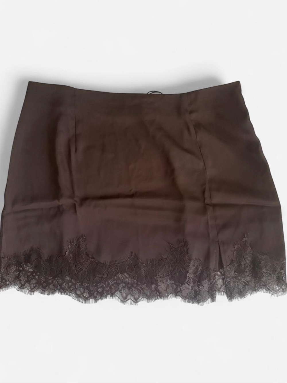 Brit the Label Dark Brown / Black Satin Lace Trim Mini Skirt - Size L  - NWT